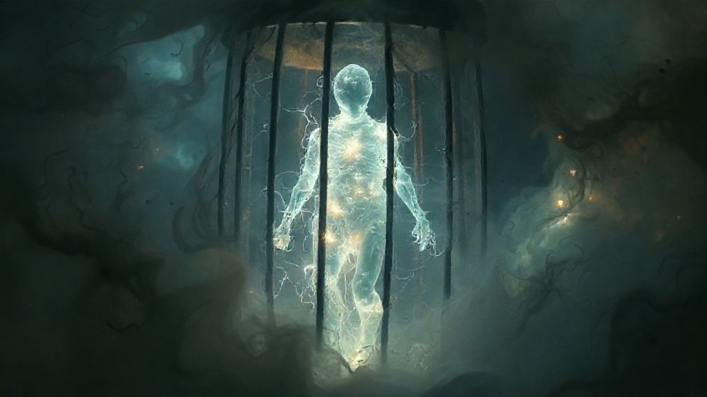 A figure, translucent and glowing, trapped within a crystalline cage of shadows. Energy pulses, struggling to break free, surrounded by swirling, muted colors, reflecting bottled emotions. Mystic, ethereal, 4k, cinematic lighting.