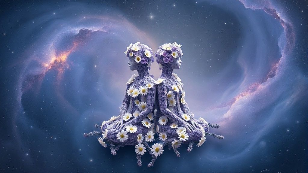 A figure, woven of chamomile and lavender, sits amidst swirling nebulae. Gemini twins in starlight. Soft, diffused celestial light bathes the scene, highlighting their integrated forms.