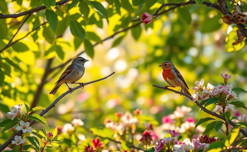 A finch and a bunting perched on branches in a vibrant natural setting.