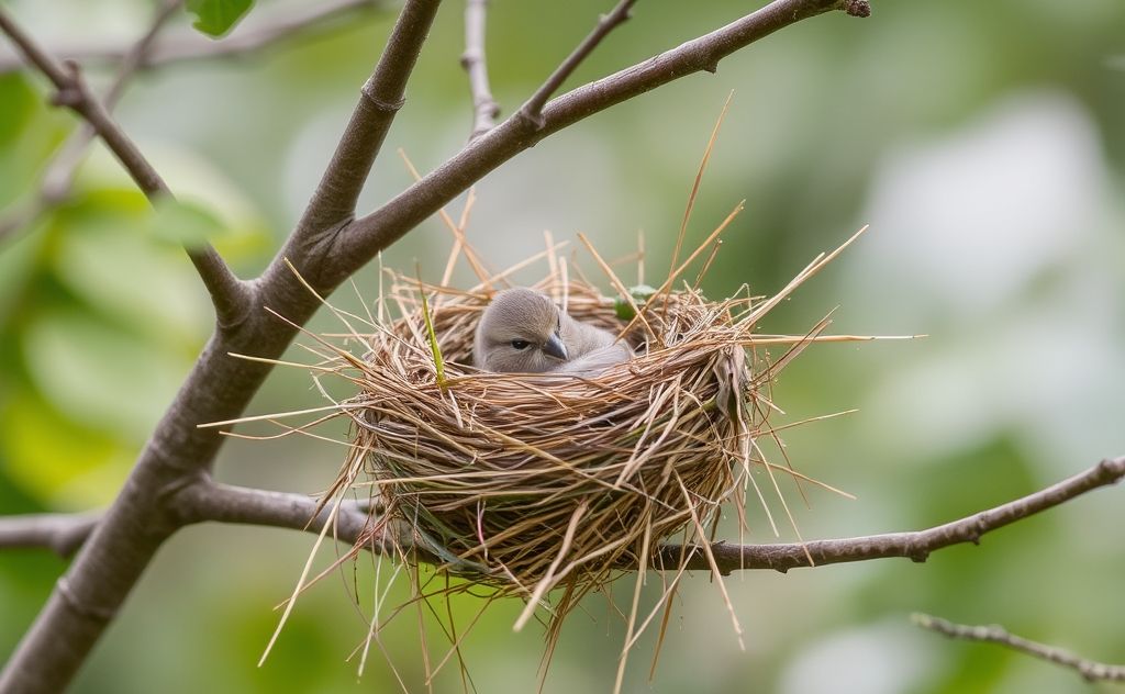 A finch nest made of twigs and grass in a tree branch.