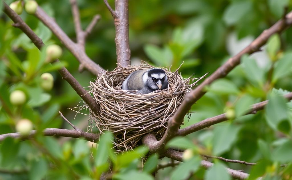 A finch nest nestled in a tree branch surrounded by greenery.