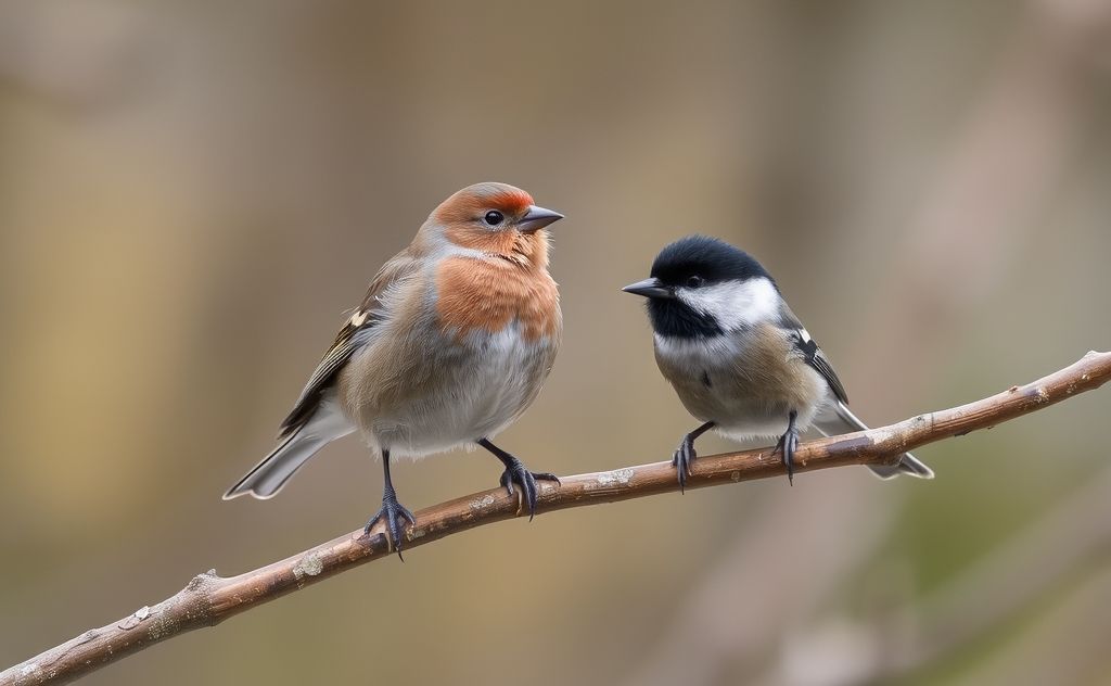 A finch perched beside a chickadee on a branch in a forest.