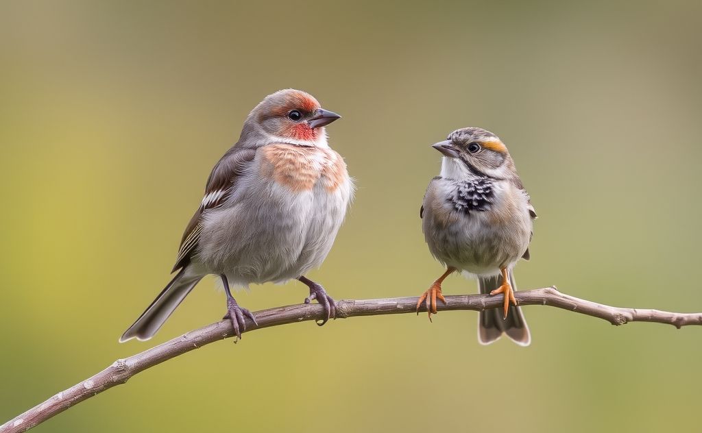 A finch perched on a branch beside a sparrow in a natural setting.