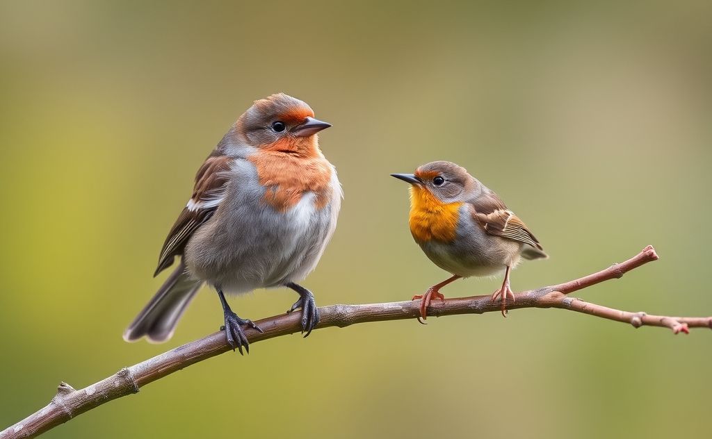A finch perched on a branch beside a wren in a natural setting
