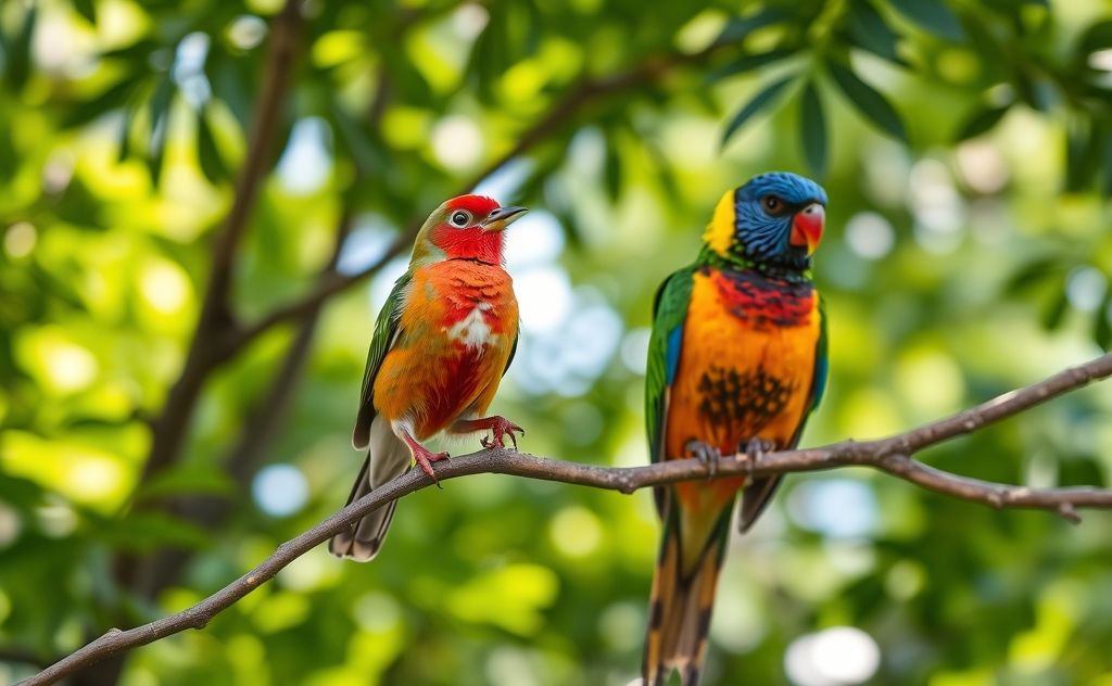 A finch perched on a branch next to a colorful talking bird.
