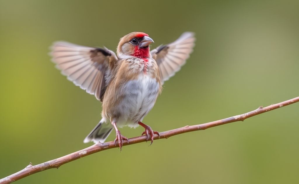 A finch perched on a branch with its wings partially spread.