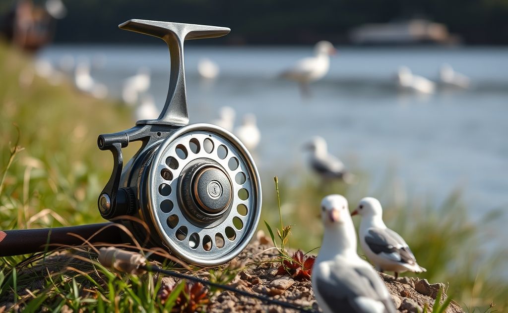 A fishing reel surrounded by a serene outdoor setting with birds.