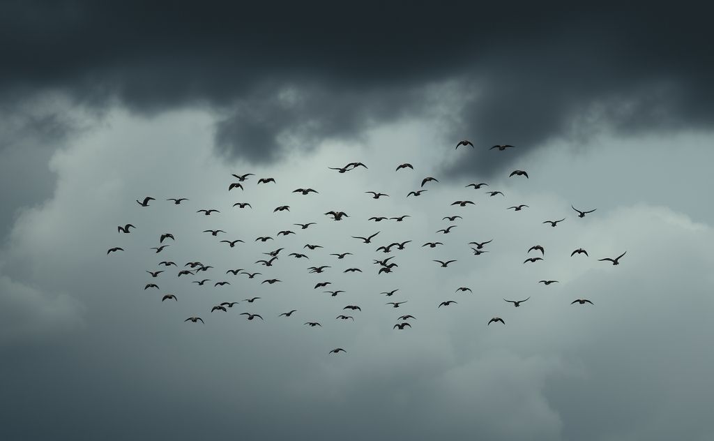 A flock of birds flying against dark storm clouds during a hurricane.