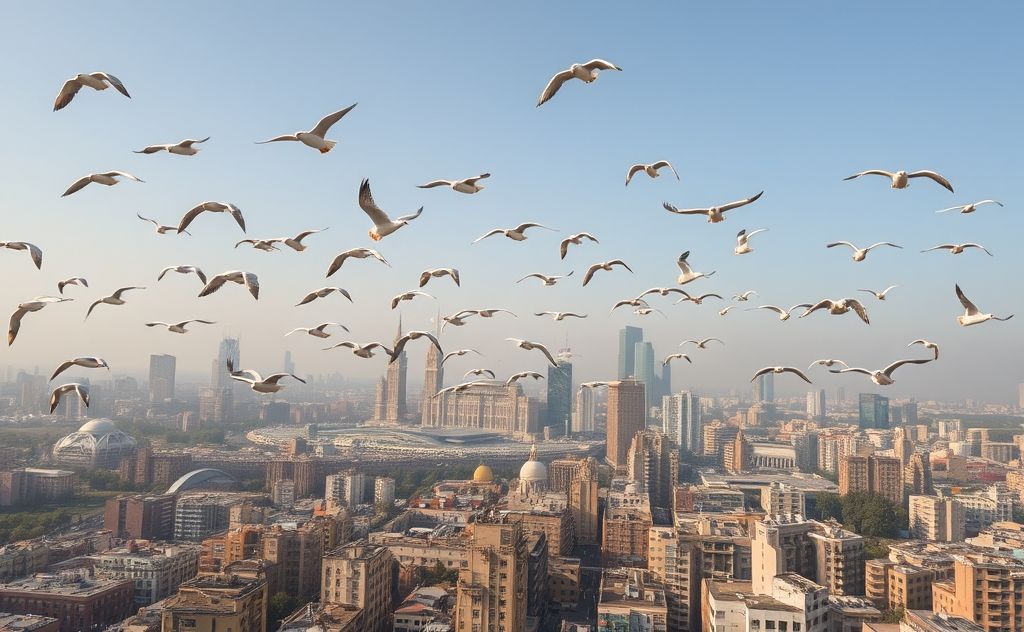 A flock of birds flying over a cityscape with pollen in the air.