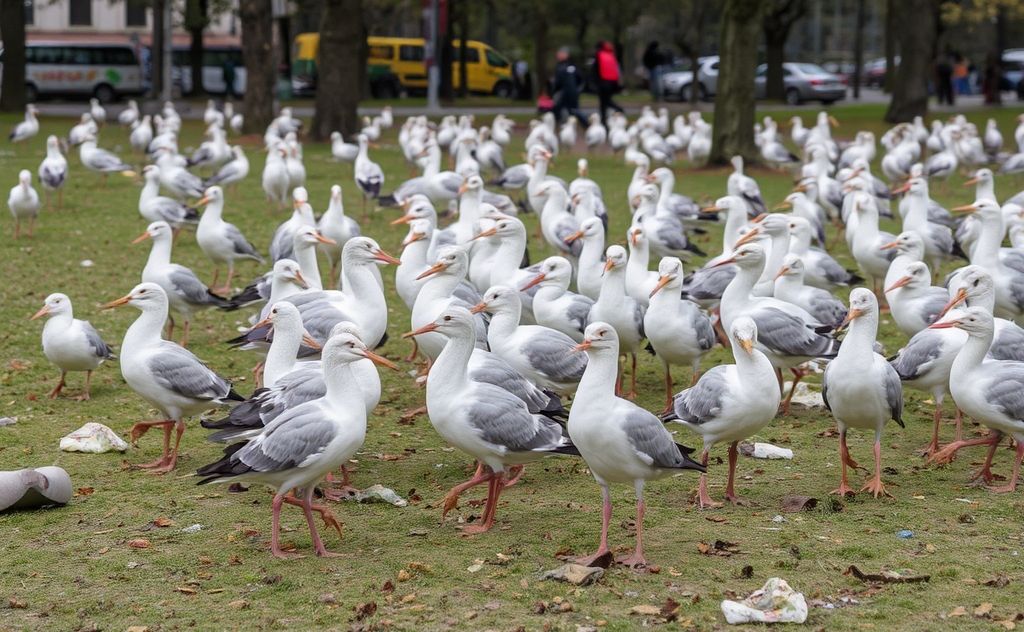 A flock of birds in a city park with visible pollution and debris.