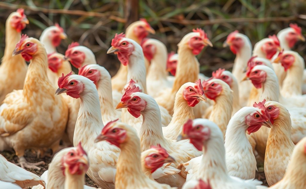 A flock of birds in a natural setting showing signs of illness.