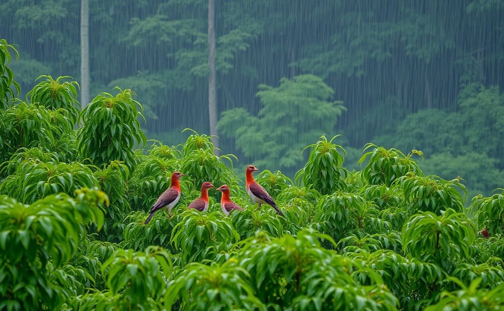 A flock of birds seeking shelter in a lush green forest during rain.
