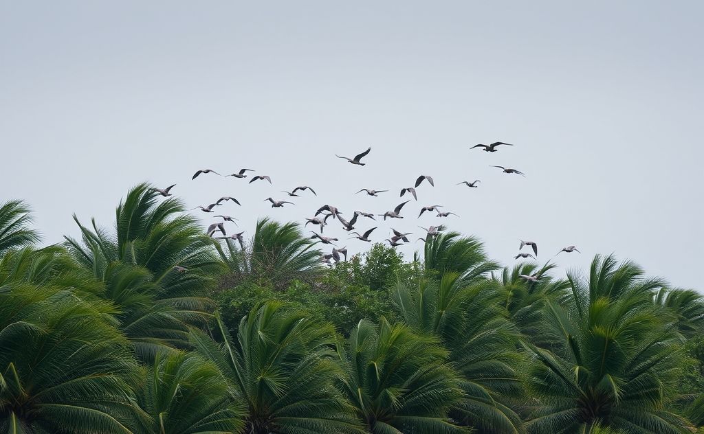 A flock of birds seeking shelter in dense trees during a hurricane.