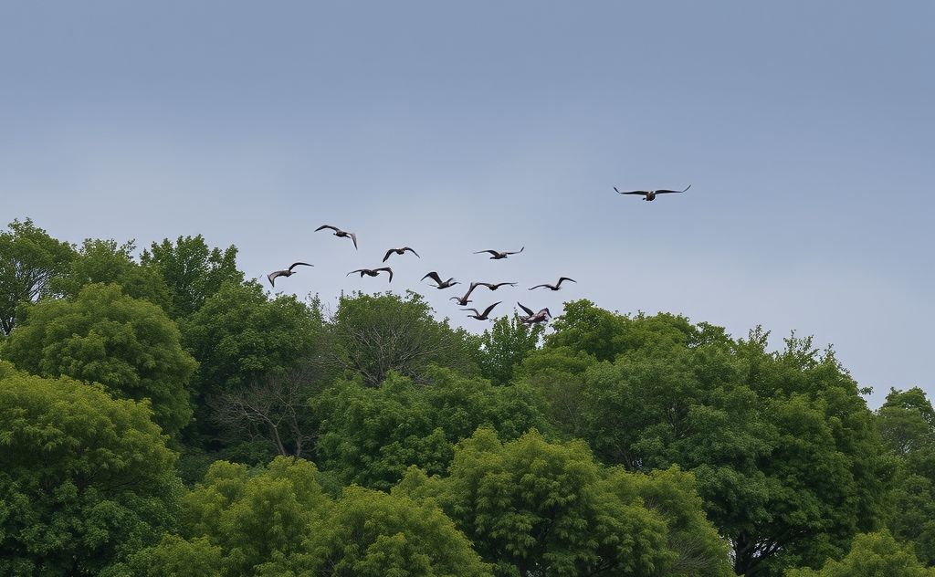 A flock of birds taking shelter in dense trees during a storm.