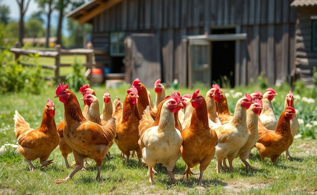 A flock of chickens in a sunny farm setting