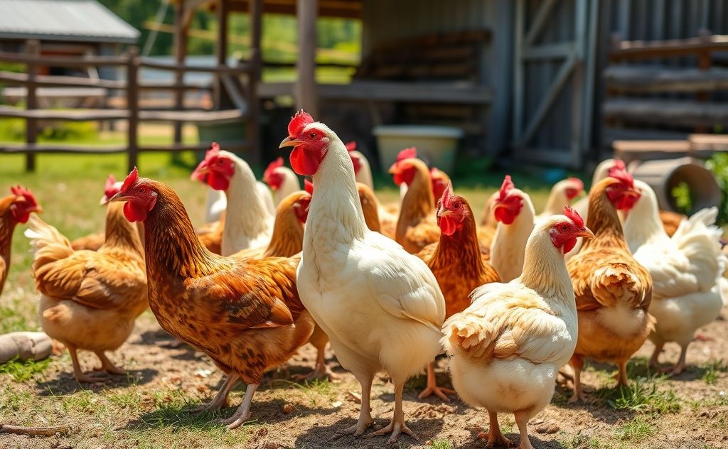A flock of chickens in a sunny farmyard setting