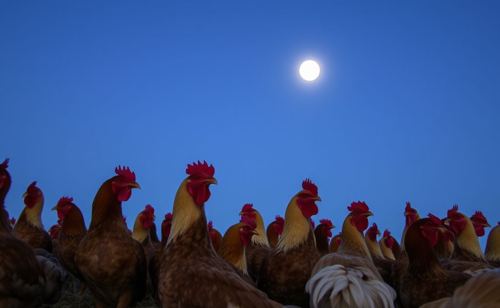 A flock of chickens roosting under a moonlit sky.