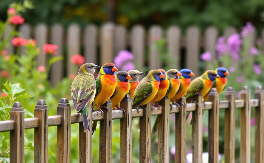 A flock of colorful birds perched on a garden fence.