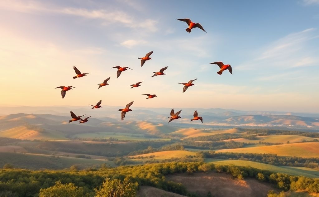 A flock of finches flying over a scenic landscape during migration.