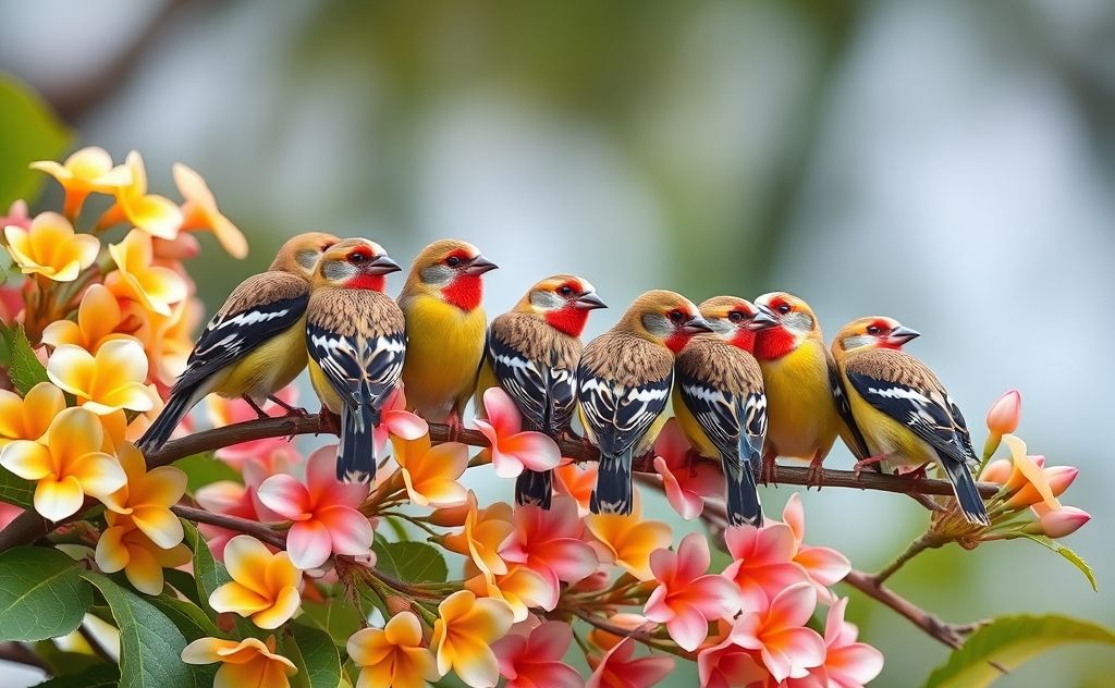 A flock of finches perched on a Hawaiian branch surrounded by flowers.