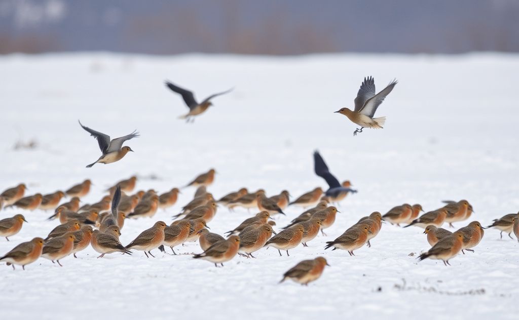 A flock of non-migratory birds foraging in a snowy landscape.