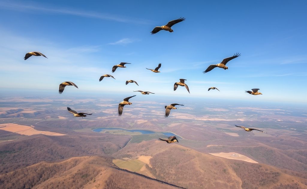 A flock of raptors soaring over diverse landscapes in changing seasons.