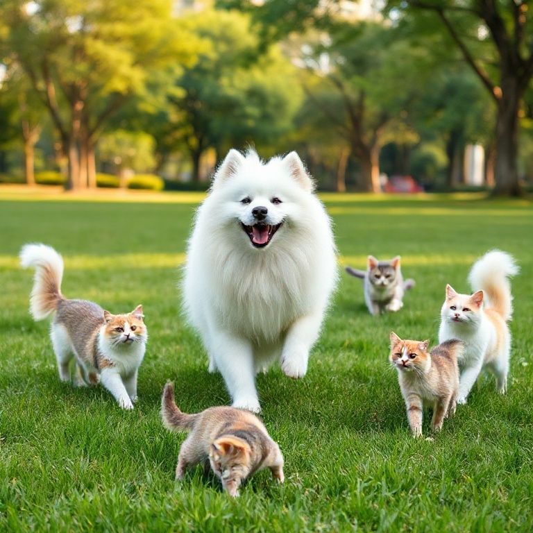 Samoyed, grassland, park, playing with cats