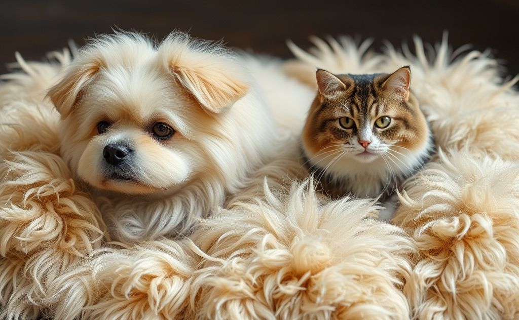 A fluffy dog and cat surrounded by a pile of shedding fur.