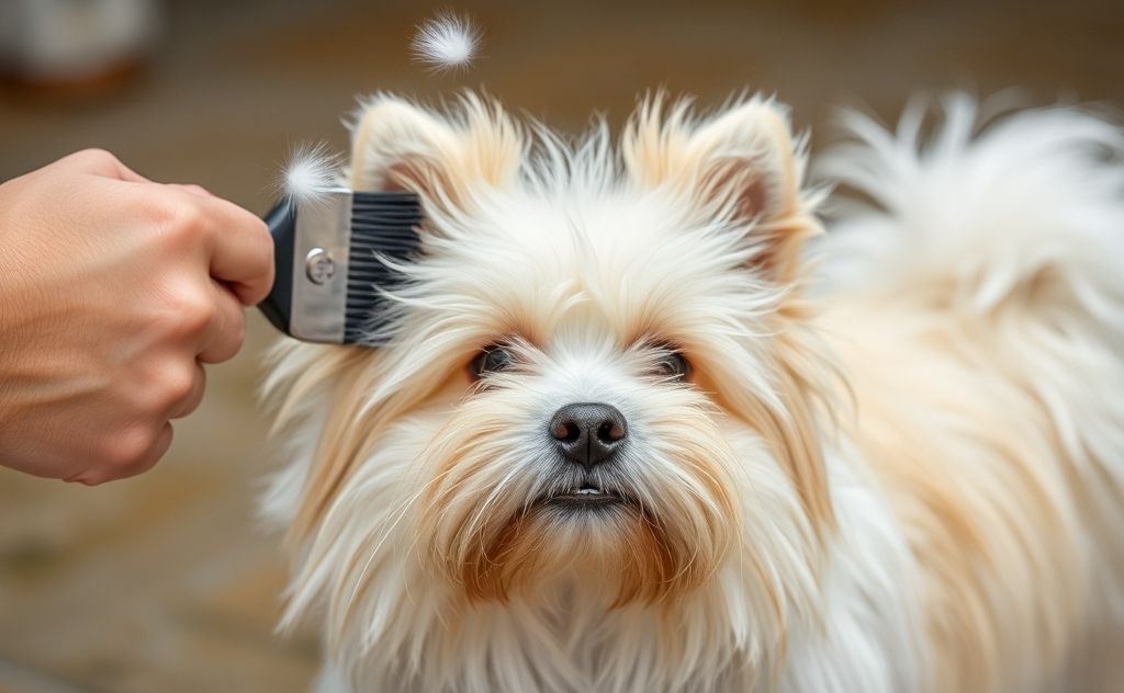 A fluffy dog being brushed with fur flying around it.