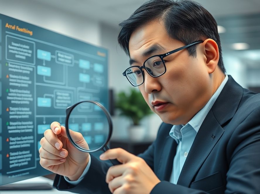 인증 실패의 복잡한 원인을 분석하고 진단하는 전문가의 모습.