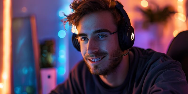 A focused gamer looking at a screen with healthy, alert eyes, surrounded by soft, adaptive lighting, suggesting a well-maintained and consistent eye care routine, joyful ambiance