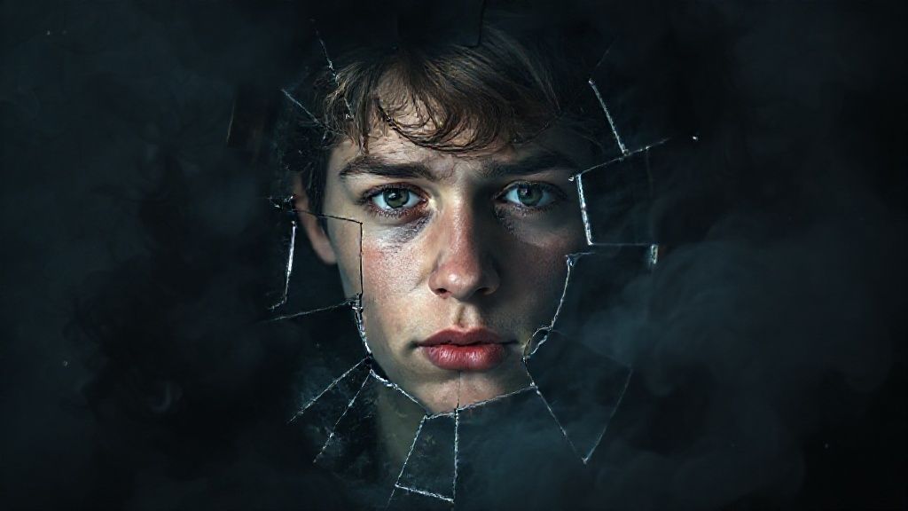 A fractured mirror reflecting a young adult's face, surrounded by swirling, dark smoke. Light struggles to pierce the gloom, highlighting a flicker of fear and a desperate need for validation.
