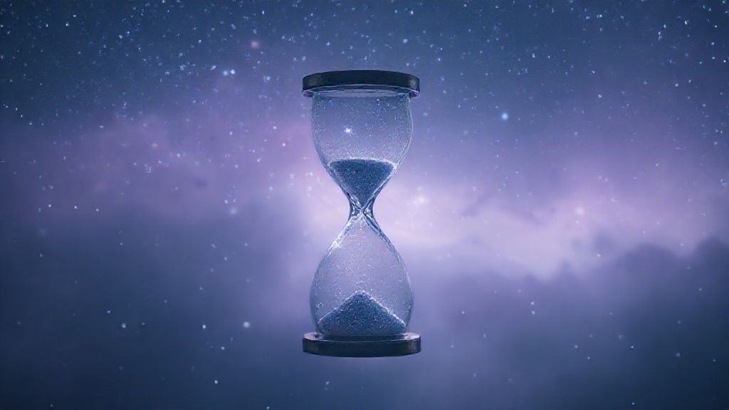 A fragile hourglass of starlight slowly emptying. A Gemini constellation, fragmented and flickering, seeks a lost connection in a misty, lavender-hued nebula. Cinematic, ethereal 4k.