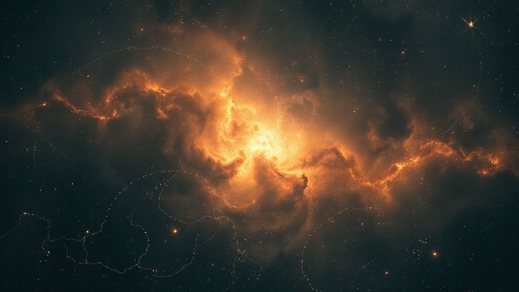 A fragmented celestial map shimmers, overlaid with swirling cosmic dust. Dim, warm light filters through a dense nebula, illuminating a lone, fragmented key. Mystic, ethereal, 4k, cinematic.