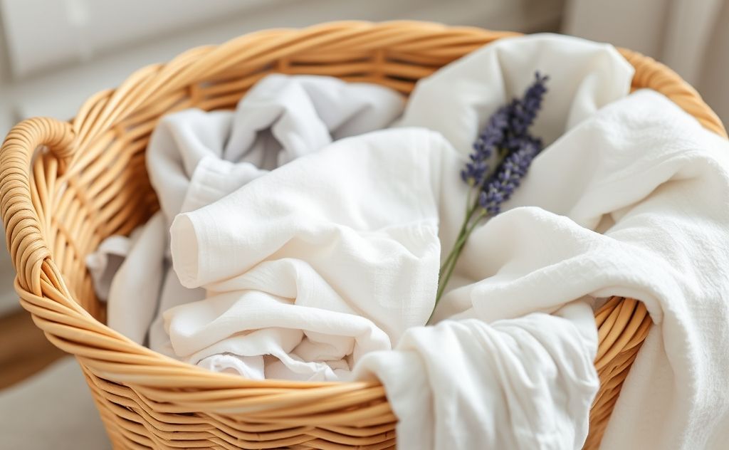 A fresh laundry basket with clean clothes and a hint of lavender.