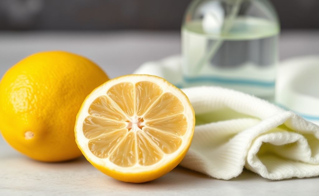 A fresh lemon half next to a spray bottle and cleaning cloth.