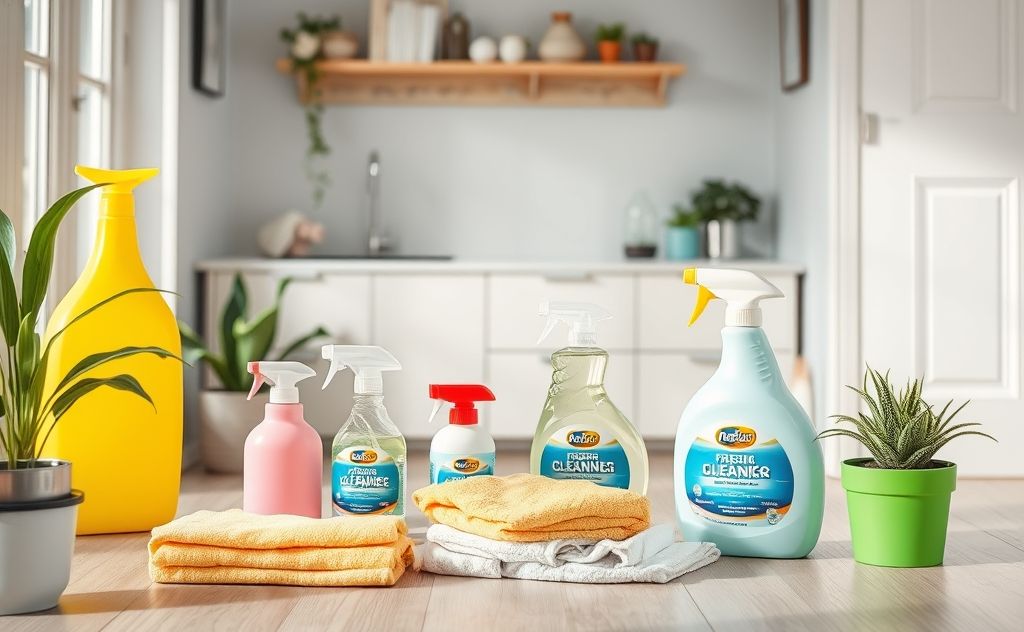 A fresh start with cleaning supplies and a tidy home environment.