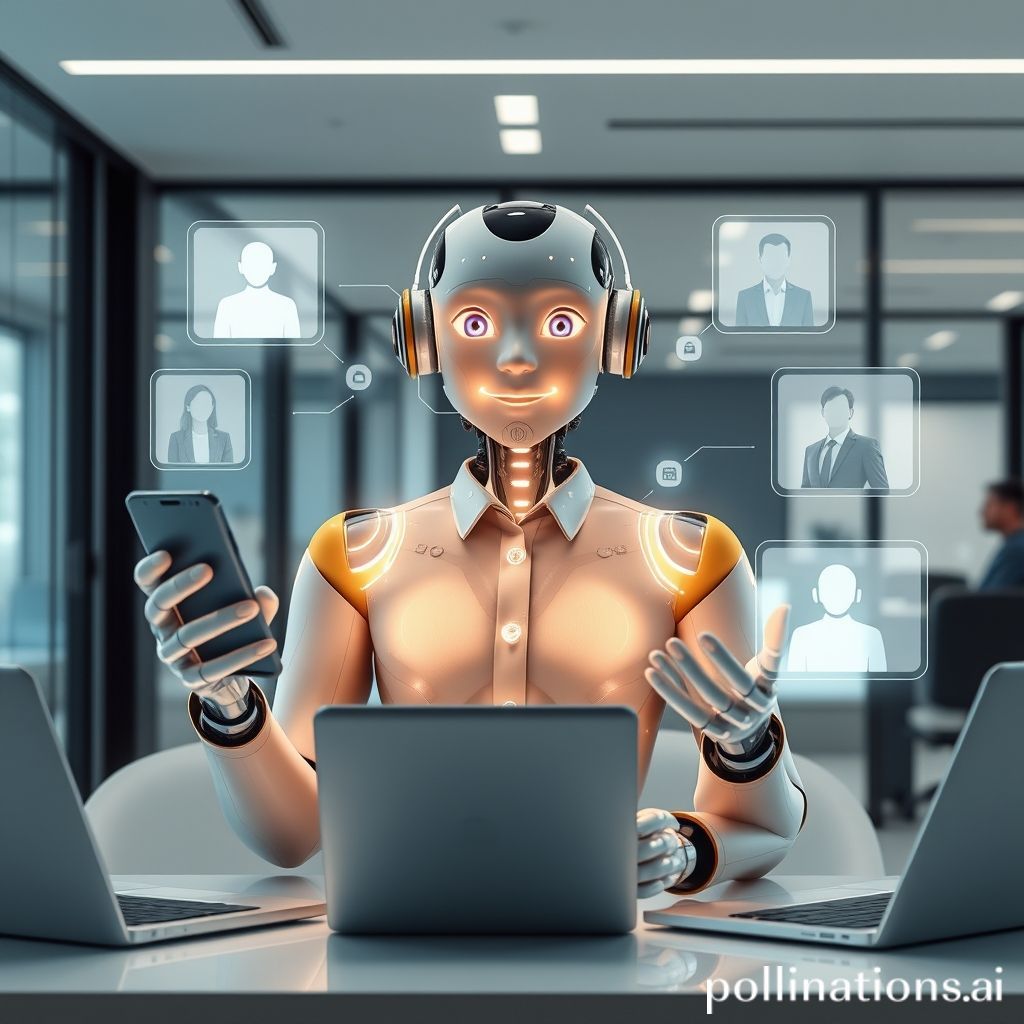 AI virtual employee assisting customers via digital devices in a modern office environment