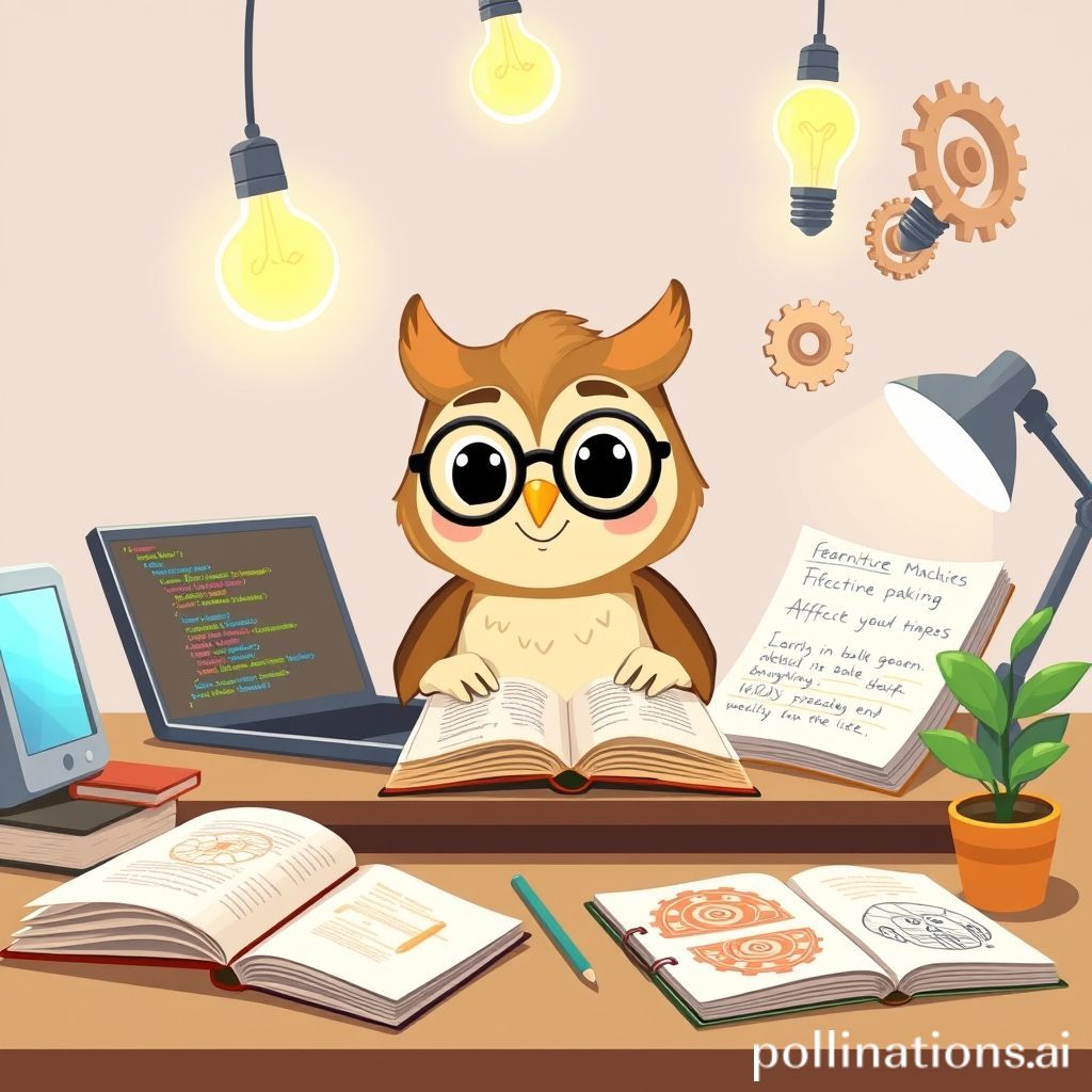 A friendly and approachable cartoon character (perhaps an anthropomorphic owl or a wise-looking person) sitting at a desk filled with various learning tools: an open laptop showing code, a book on public speaking, a sketchbook with drawings, and a small plant. The character has a thoughtful yet enthusiastic expression, perhaps wearing glasses, and is surrounded by floating lightbulbs or gears symbolizing ideas and learning. The background is soft and inviting, suggesting a cozy learning space.