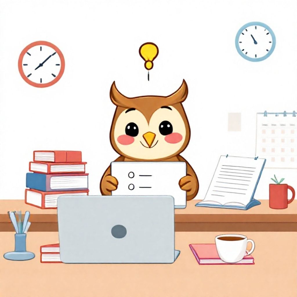 A friendly cartoon character, possibly a wise owl or a smiling person, sitting at a clean, organized desk. The character looks focused and happy, with a 'lightbulb' or 'checkmark' icon above their head, symbolizing good ideas and completed tasks. Surrounding elements include a laptop showing a simple to-do list, a neat stack of books, a planner, and a cup of coffee. The background is bright and encouraging, perhaps with a clock showing efficient time management and a calendar with marked dates. The overall mood is positive and empowering.