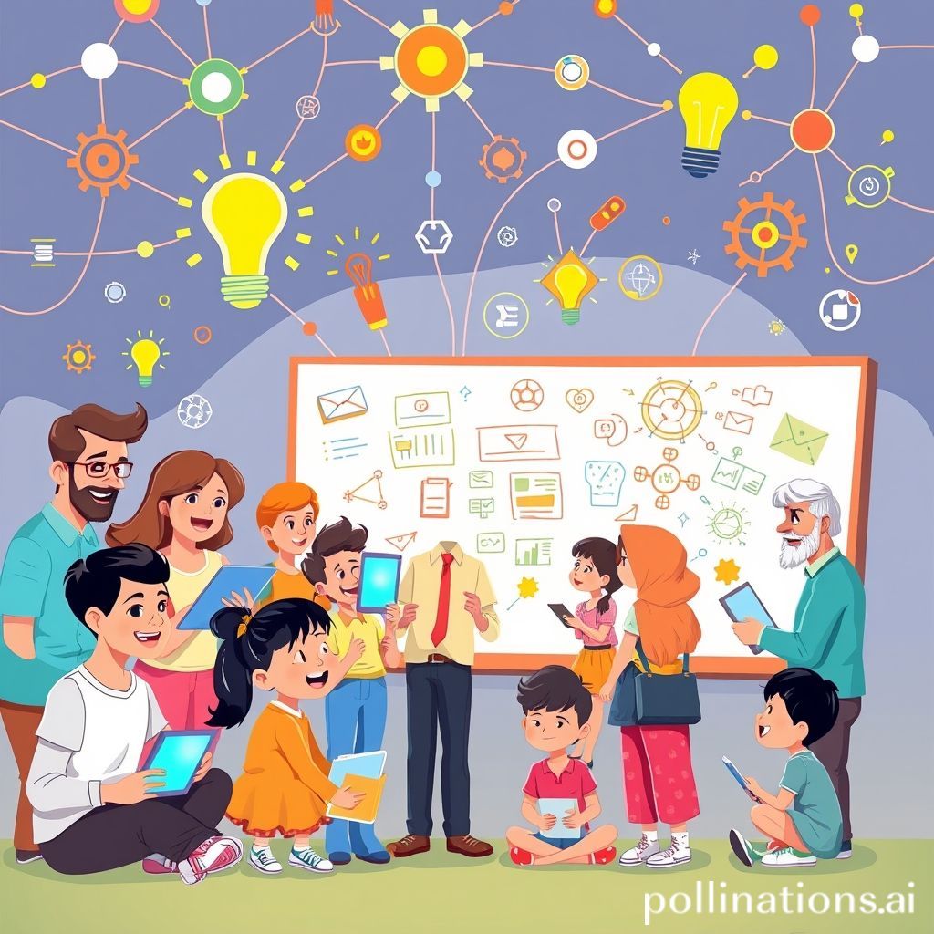 A friendly, brightly-colored cartoon illustration. In the center, a diverse group of people (male and female, various ages) are happily engaged in learning activities. Some are looking at glowing tablets, others are collaborating around a whiteboard with complex symbols (like gears, lightbulbs, critical thinking icons). Above them, intertwined digital lines and abstract symbols represent data and technology. The overall mood is optimistic and forward-looking, with elements symbolizing creativity, problem-solving, and digital literacy. The style should be modern and slightly whimsical, suitable for an educational blog post.
