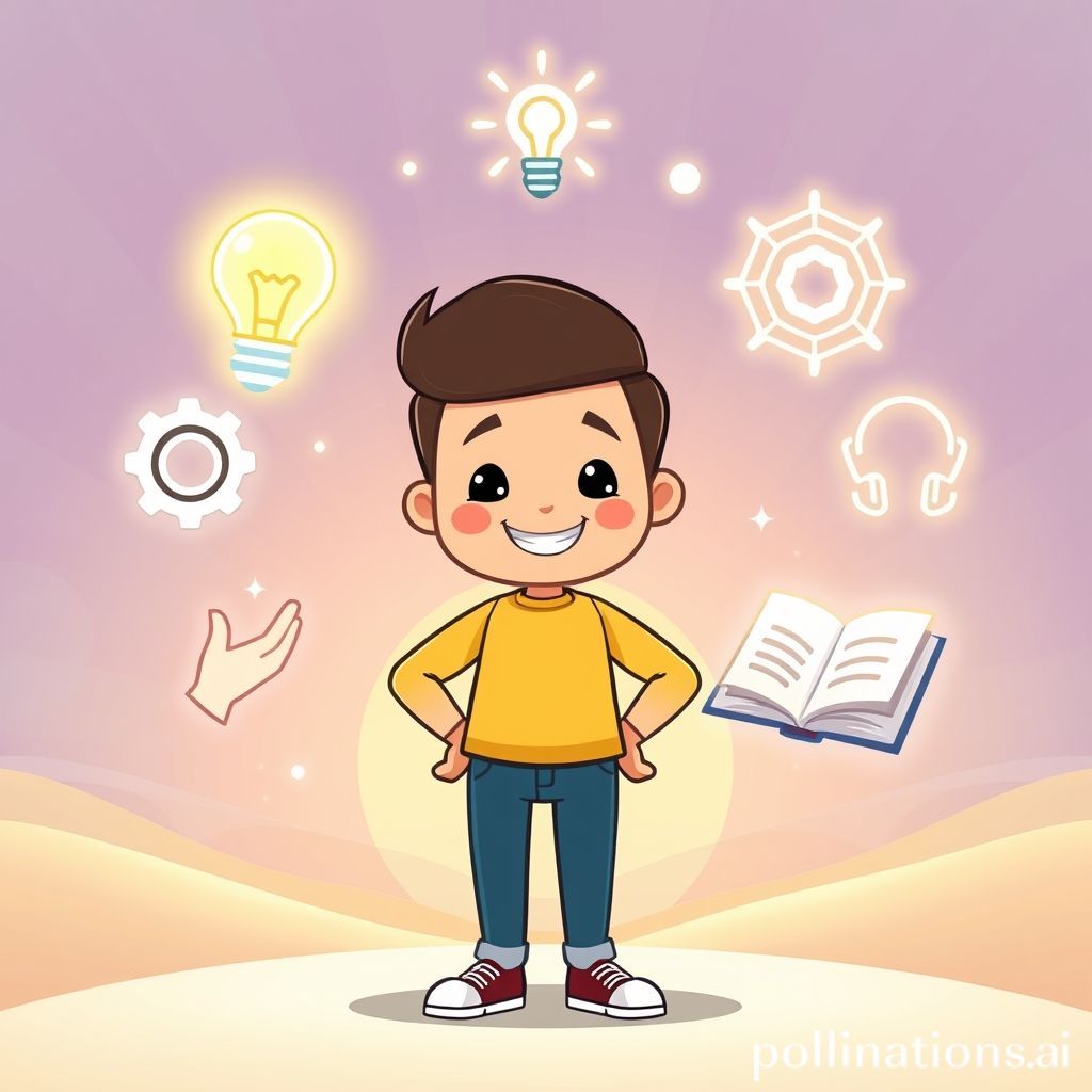 A friendly, modern cartoon character (could be a student or young professional) standing confidently. Around them are floating icons representing various skills: a lightbulb for creativity, gears for critical thinking, a network symbol for digital literacy, a hand holding another hand for collaboration, and a book for lifelong learning. The background is bright and optimistic, perhaps with subtle futuristic elements.
