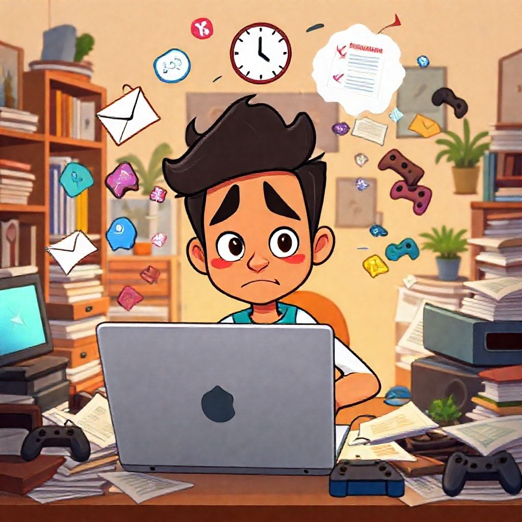 A friendly, slightly overwhelmed cartoon character (diverse, could be male or female) sitting at a messy desk, trying to focus on a laptop screen. Around them, various digital elements are flying: social media logos, email icons, message bubbles, and gaming controllers, all in bright, distracting colors. The character's eyes are wide, showing a mix of concentration and being overwhelmed. A small thought bubble above their head shows a clock or a 