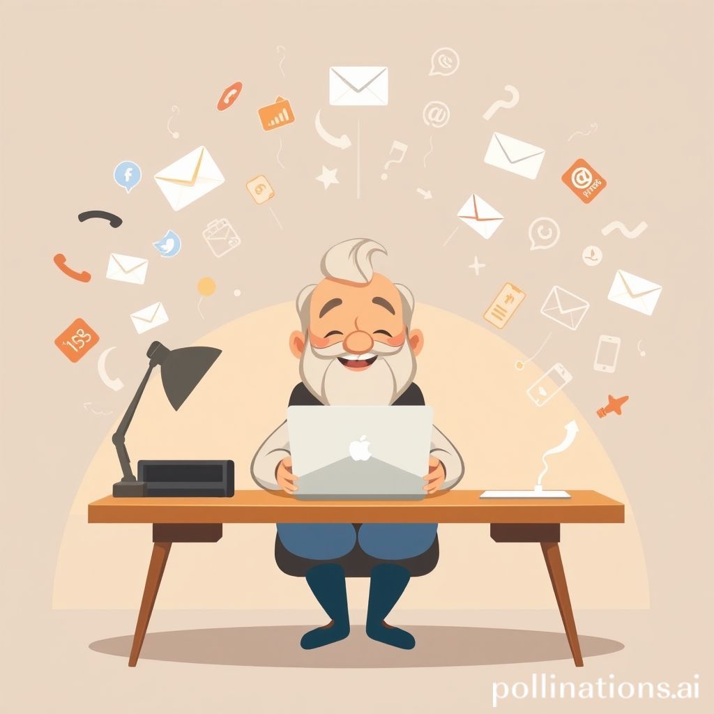 A friendly, wise cartoon guru character sits calmly at a neat desk with a single laptop, smiling gently. Around the desk, in the background, there are various digital notifications (phone calls, email alerts, social media icons) floating away like fading smoke, symbolizing distractions being managed. The guru has a peaceful, focused aura, with a subtle glow around them, indicating mastery over digital chaos. The color palette is warm and inviting.