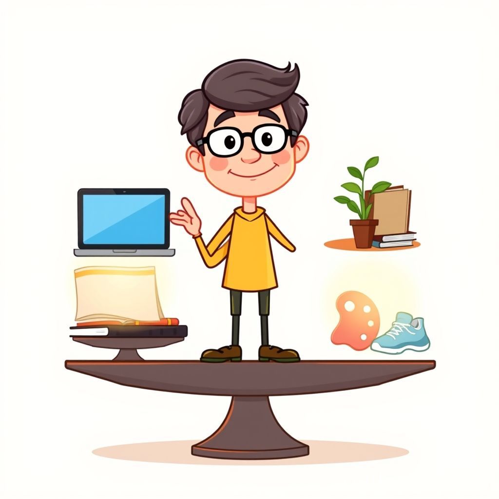 A friendly, wise-looking cartoon character (a stylized teacher or a knowledgeable person) stands on a balanced scale. On one side, there are various glowing digital devices (smartphone, laptop, tablet). On the other side, there are objects representing offline activities (a book, a plant, running shoes, a paint palette). The character has a calm, content expression, perhaps gesturing towards the balanced scale with one hand, signifying harmony and controlled digital usage. The background is bright and optimistic, not overly busy.