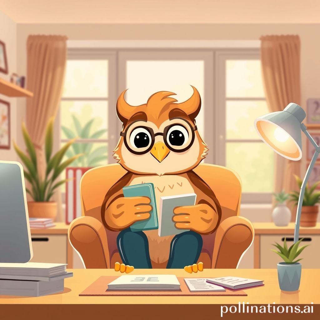 A friendly, wise-looking cartoon character (like a bespectacled owl or a cheerful human mentor) sitting comfortably in a bright, organized workspace. They are smiling gently, holding a planner or a small clock, with a few tasks neatly laid out but not overwhelming. The background shows hints of nature or a relaxed setting, suggesting balance. Colors are warm and inviting, conveying peace and efficiency without stress.