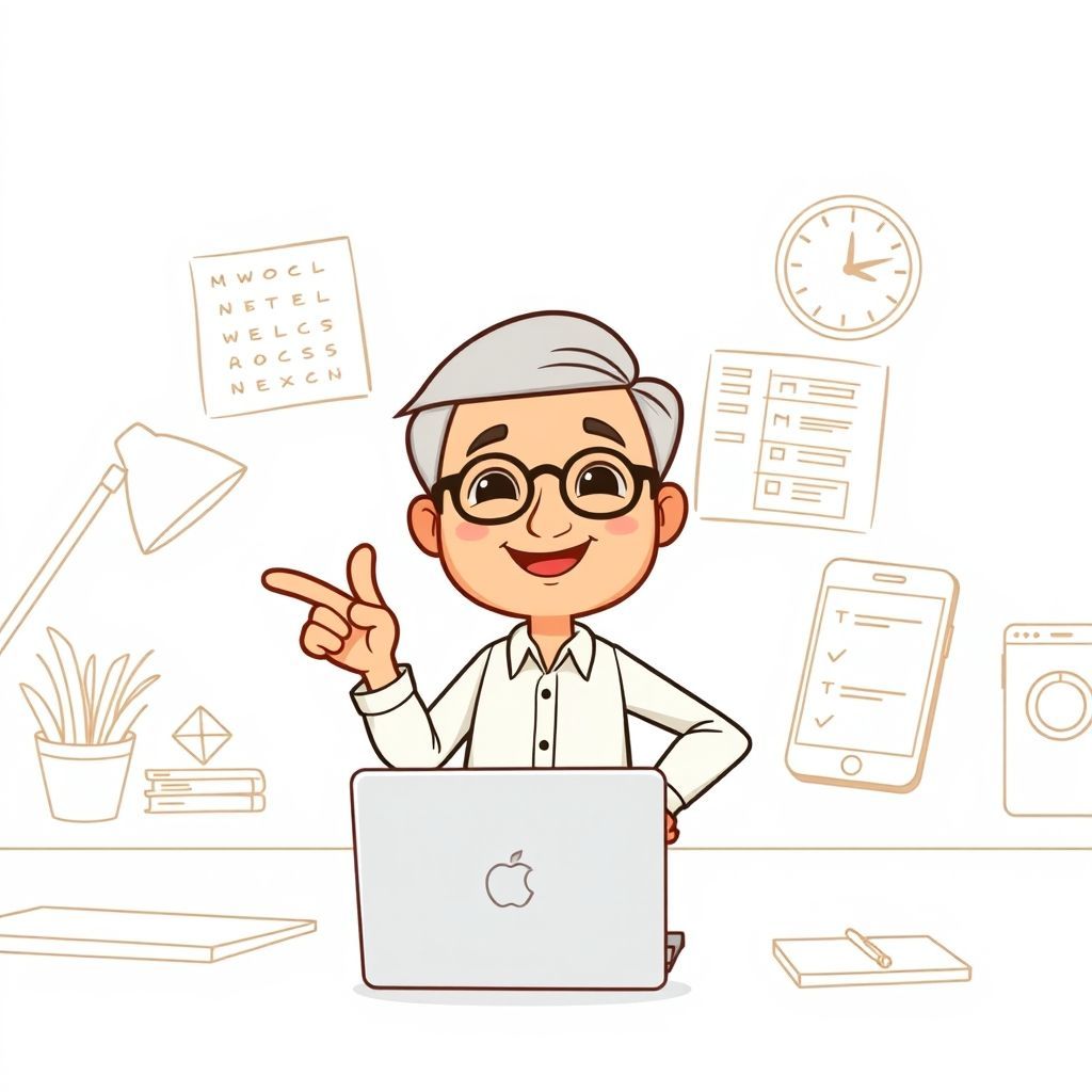A friendly, wise-looking cartoon character (like a professor or a helpful guide) with a warm smile, confidently standing in a well-organized digital workspace. In the background, there are subtle, clean illustrations of a laptop, a smartphone with a 