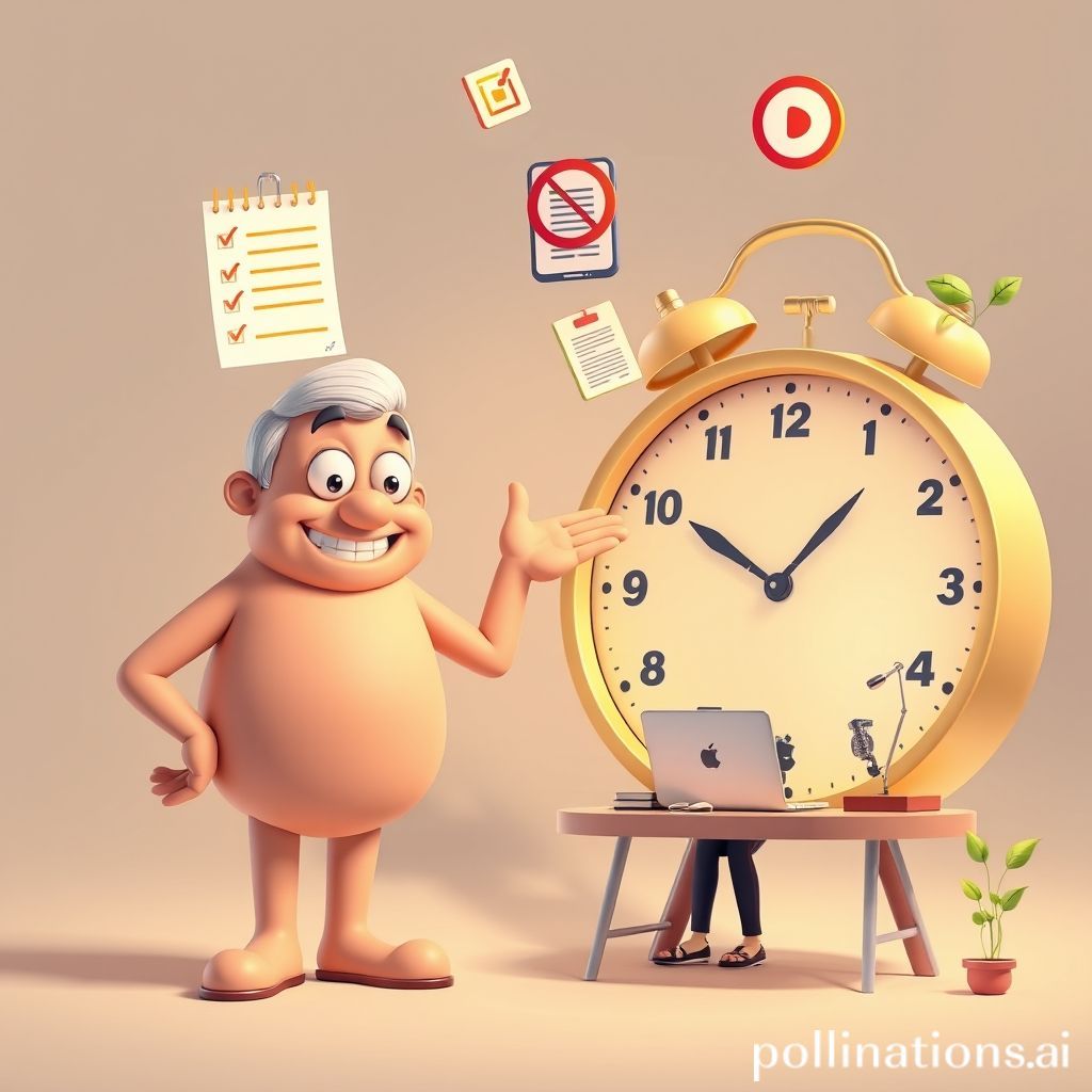 A friendly, wise-looking cartoon character (like a teacher or mentor) with a gentle smile, standing next to a large, friendly-looking clock. The character is pointing towards various elements floating around them: a neatly organized to-do list, a focused person working at a desk, a 