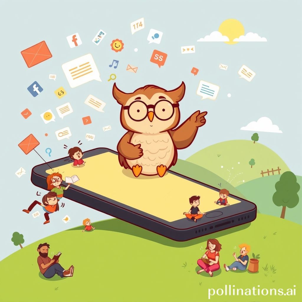 A friendly, wise-looking cartoon teacher (perhaps a wise owl or a person with glasses) is sitting calmly on a giant smartphone, looking relaxed. Around the smartphone, there are smaller, frantic-looking cartoon people or digital avatars being overwhelmed by notification bubbles, social media feeds, and emails flying around. The teacher is gently pointing towards a serene landscape in the background (green hills, sun, a few trees) where other cartoon people are doing activities like reading, meditating, or gardening, looking peaceful. The style is warm, inviting, and slightly humorous, conveying the message of finding calm amidst digital chaos.