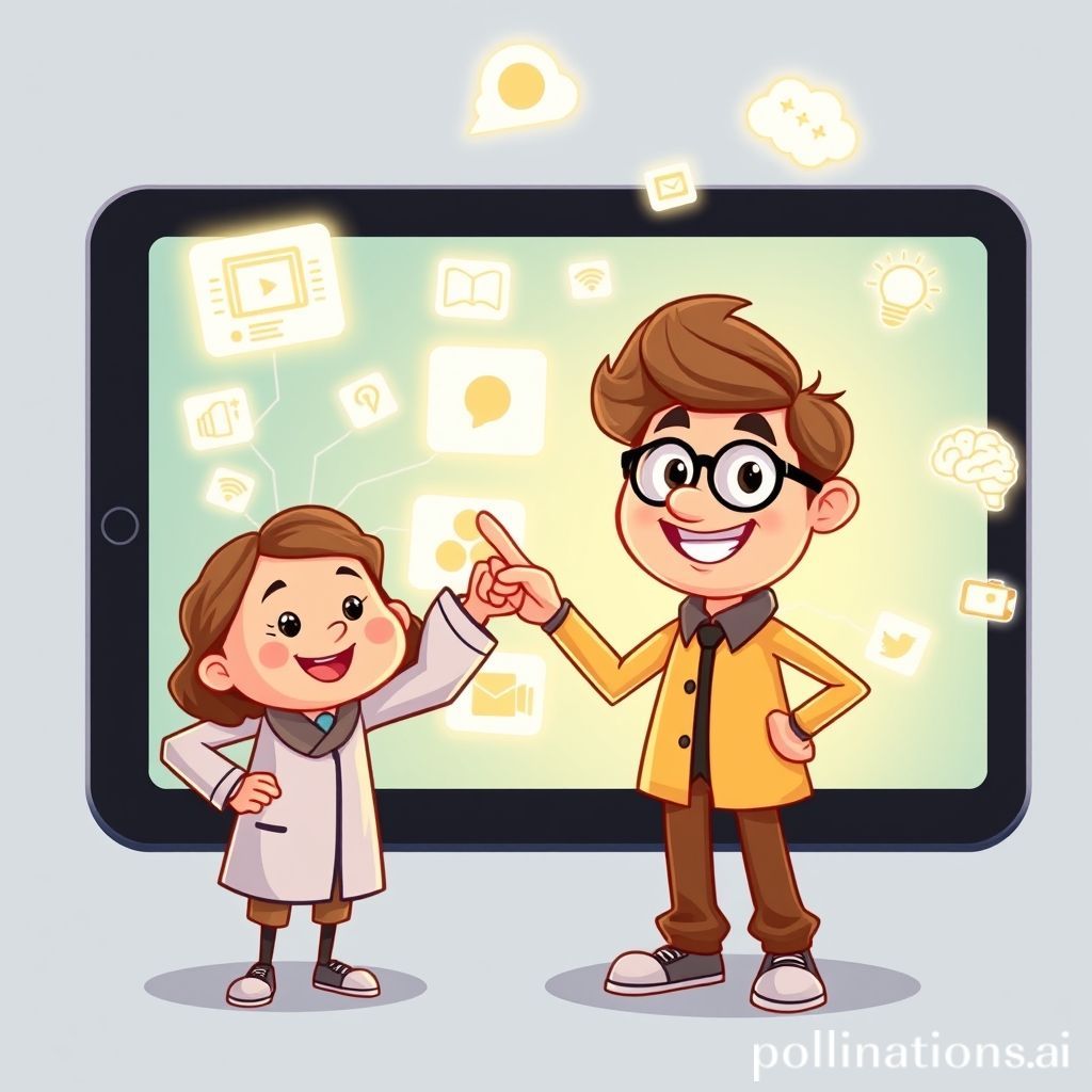 A friendly, wise-looking cartoon teacher character (could be male or female, diverse) standing beside a large, glowing smartphone or tablet screen that displays various learning tools and concepts (e.g., a mind map, a video play button, a book icon, brain symbols). The teacher is pointing to the screen with a welcoming smile, and around them are small, floating icons representing digital learning (e.g., WiFi symbol, cloud, video camera, brain with lightbulb). The overall tone is bright, encouraging, and futuristic but approachable.